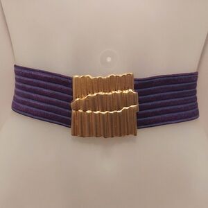 Vintage 1980s 1990s Purple Striped Elasticized Stretch Belt w/ Gold Buckle OSFM